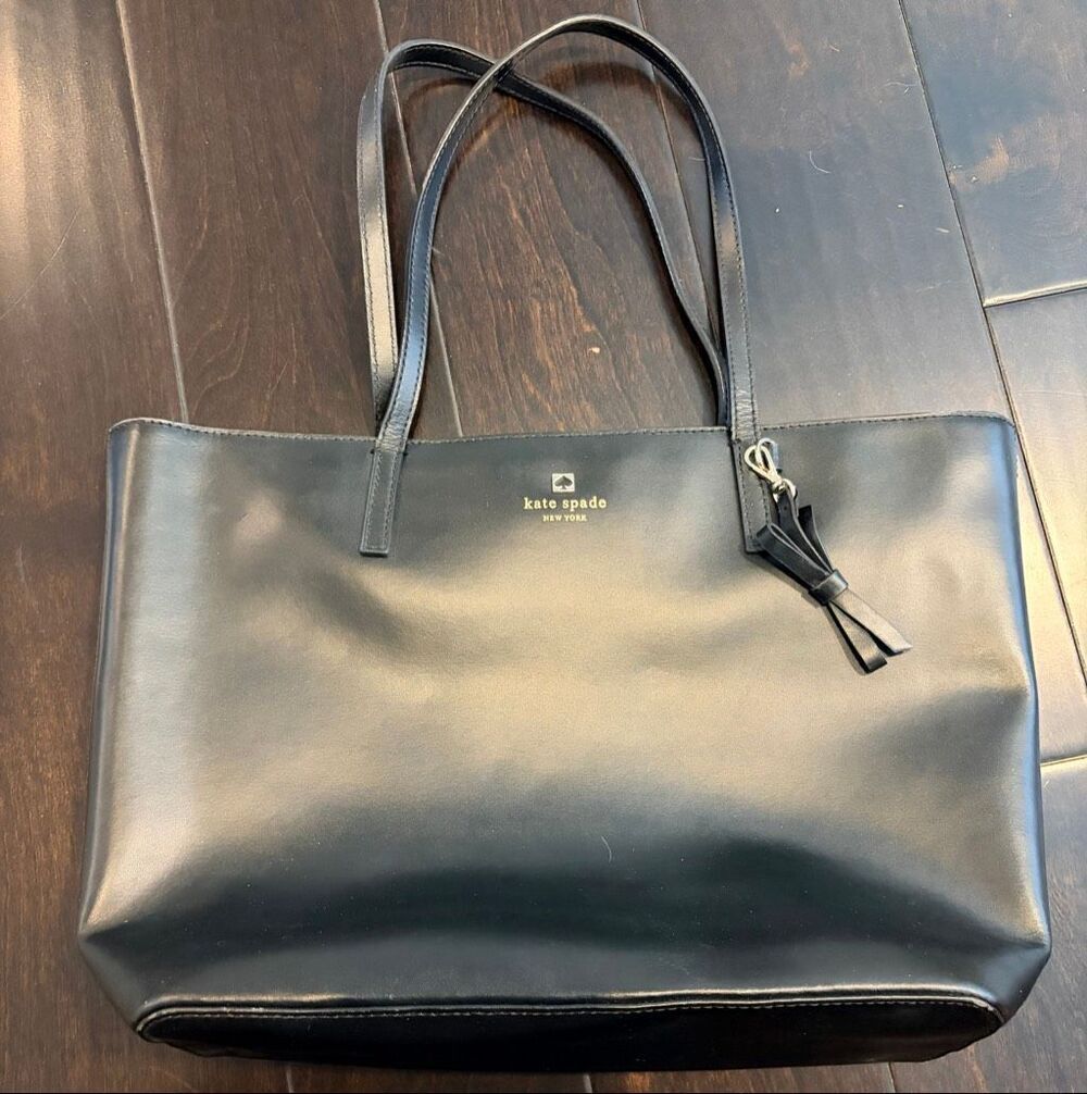 Kate Spade New York Black Leather Tote Shoulder Bag Pink Lining Large Work Bag